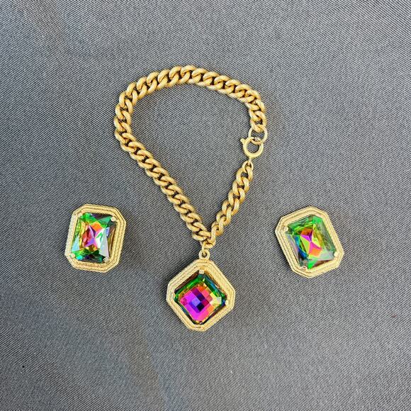 Schiaparelli Watermelon Rhinestone and Gold Link Vintage  Schiaparelli Watermelon Rhinestone Bracelet & Earrings Set